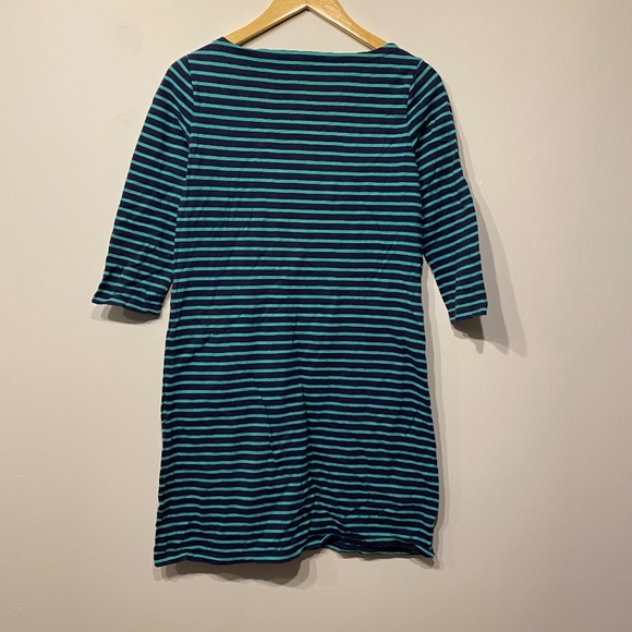 Garnet Hill Blue and Green Striped 3/4 Sleeve Cotton Mini Summer Dress - Picture 3 of 4